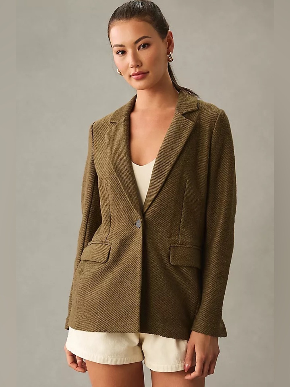 Anthropologie x Sanctuary Bryce Knit Blazer relaxed tailored olive green layer